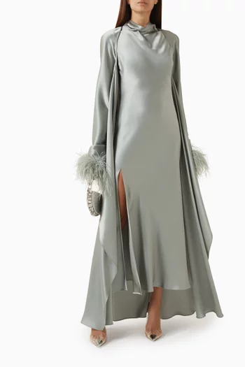 فستان طويل بوجهين ودرابيه عند فتحة الرقبة ستان