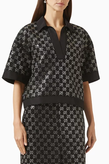 بلوزة بشعار حرفي GG مطرز بالكريستال نسيج صوف تويد لامع