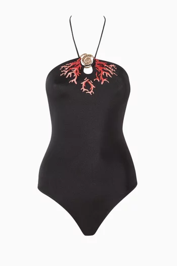 Shell Embroidered Halterneck One-piece Swimsuit
