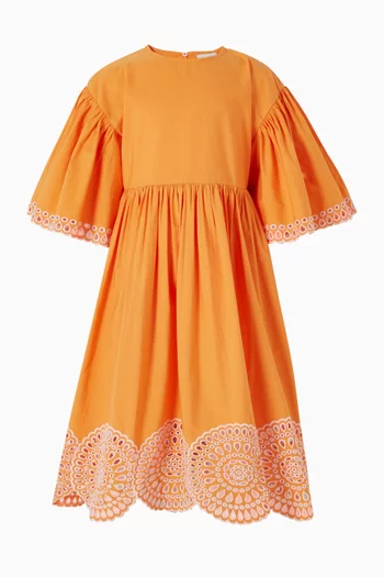 Embroidered Trim Dress in Cotton Poplin
