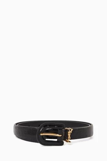 Cassandre Covered U Buckle Thin Belt in Croc-embossed Leather