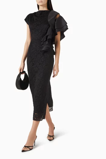 فستان بفتحة رقبة شكل حرف V في الخلف وكشكش دانتيل