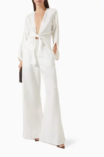 بنطال بخصر مرتفع وقصة ساق واسعة مزيج كتان