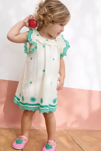 Embroidered A-line Dress in Cotton