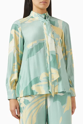 Printed Tie-neck Shirt in Muslin Cotton Silk