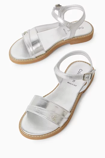 Logo Sandals in Metallic Faux Leather