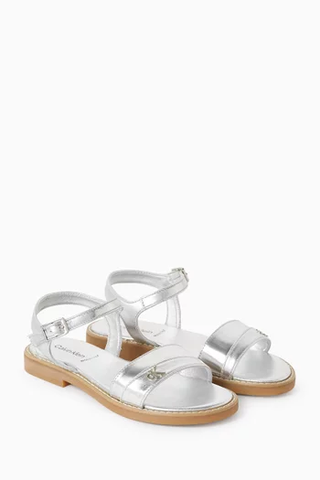 Logo Sandals in Metallic Faux Leather