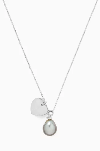 Pearl & Heart Charm Necklace in 18kt White Gold
