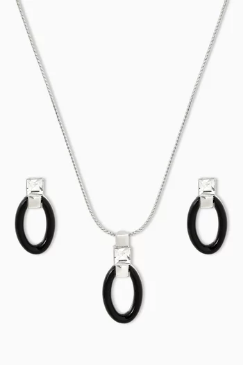 1980s Vintage Oval Necklace & Earrings Set in Rhodium-plated Silver