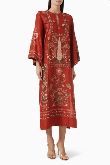 Embroidered Kaftan in Raw Silk