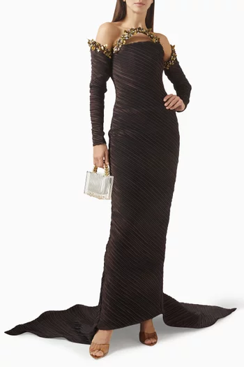 Embellished Off-shoulder Train Gown