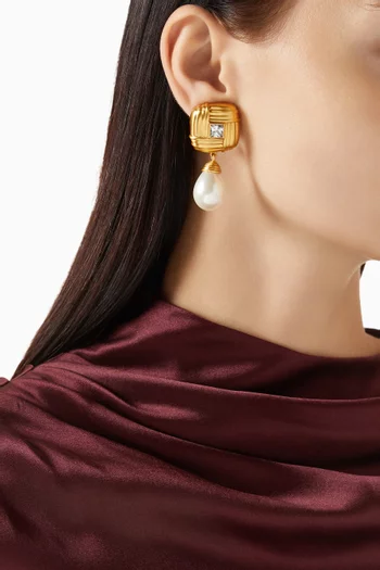 Crystal & Pearl Drop Clip-on Earrings in 22kt Gold-plated Brass