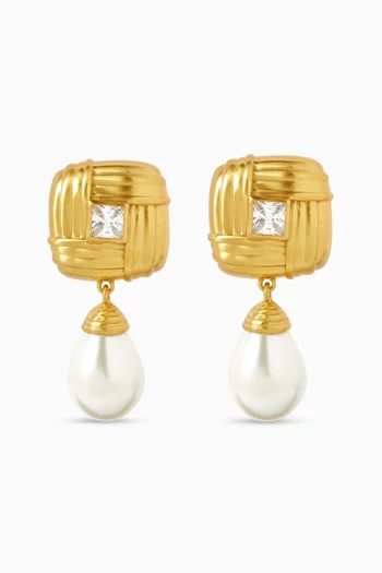 Crystal & Pearl Drop Clip-on Earrings in 22kt Gold-plated Brass
