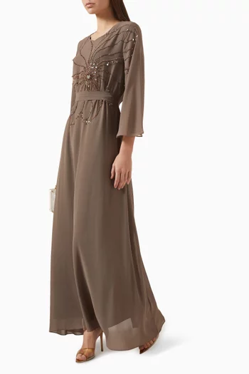 Bead-embellished Belted Dress in Chiffon