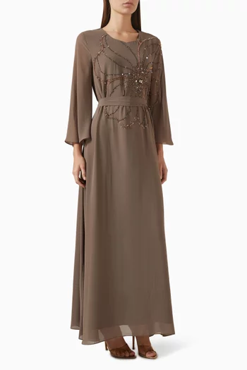 Bead-embellished Belted Dress in Chiffon