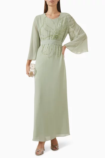 Bead-embellished Belted Dress in Chiffon