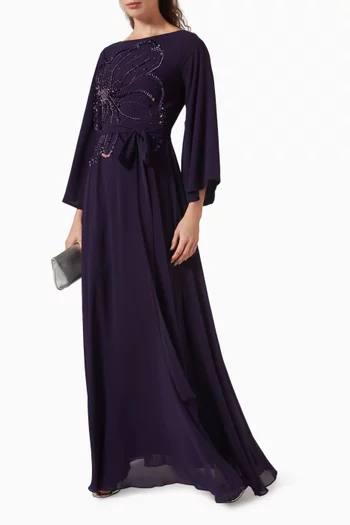 Bead-embellished Belted Dress in Chiffon