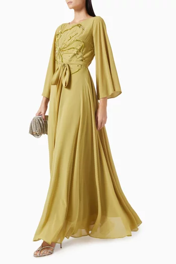 Bead-embellished Belted Dress in Chiffon