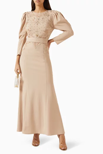 Bead-embellished Belted Dress in Crepe