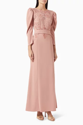 Bead-embellished Belted Dress in Crepe