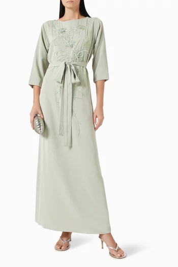 Bead-embellished Belted Dress in Chiffon