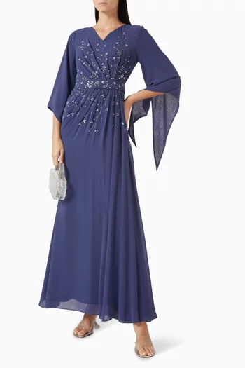 Bead-embellished Belted Dress in Chiffon