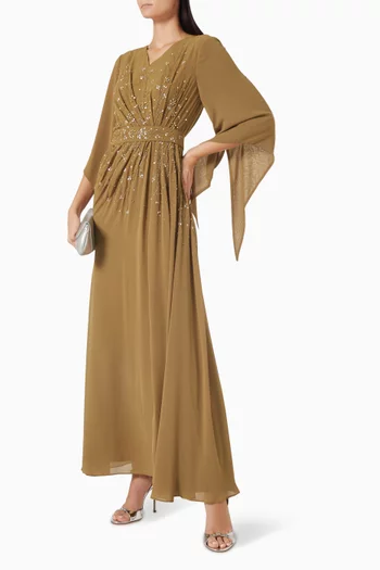 Bead-embellished Belted Dress in Chiffon