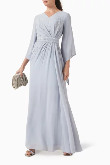 Bead-embellished Belted Dress in Chiffon