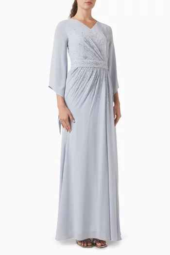 Bead-embellished Belted Dress in Chiffon
