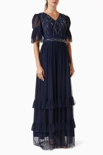Bead-embellished Belted Dress in Tulle