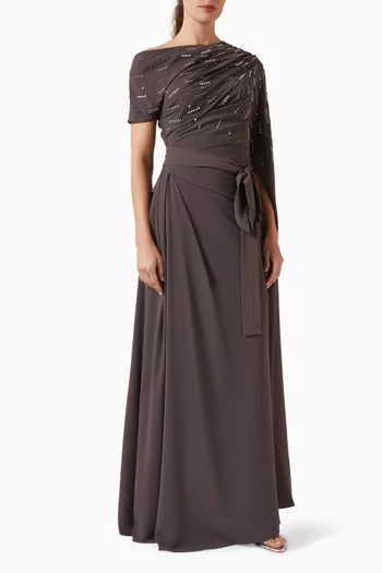 Bead-embellished Gathered Dress in Chiffon