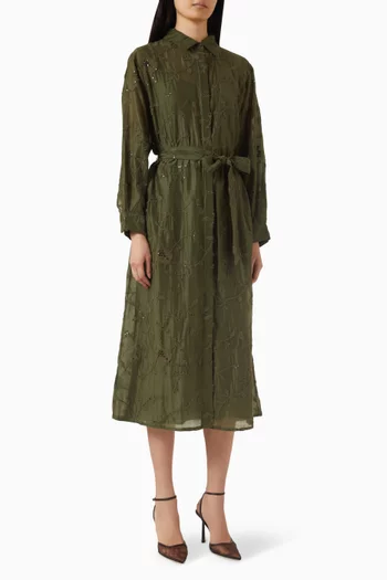 فستان متوسط الطول بنمط قميص مزين بتطريزات