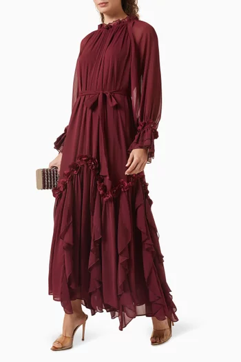 فستان بحزام وزهور بارزة