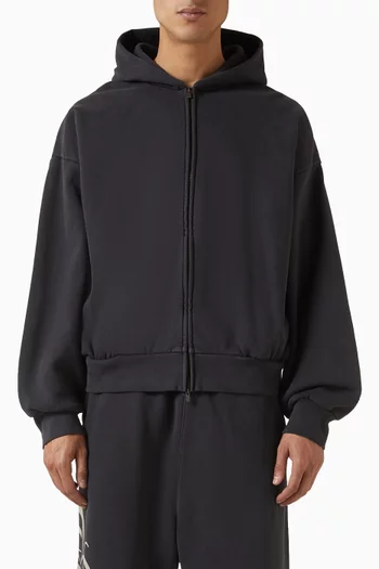 كنزة بغطاء رأس كلاسيكية بسحّاب كامل وتطريز صوف قطني