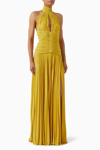 Halterneck Slit Gown in Lamé Jersey