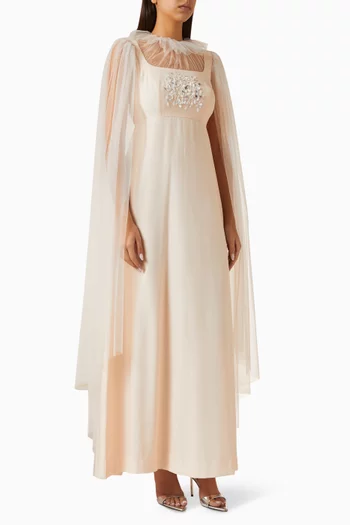 Embroidered Cape Gown in Indian Crepe