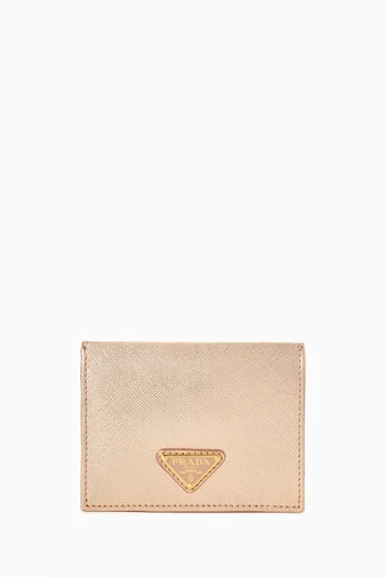 Small Triangle Logo Wallet in Metallic Saffiano Leather