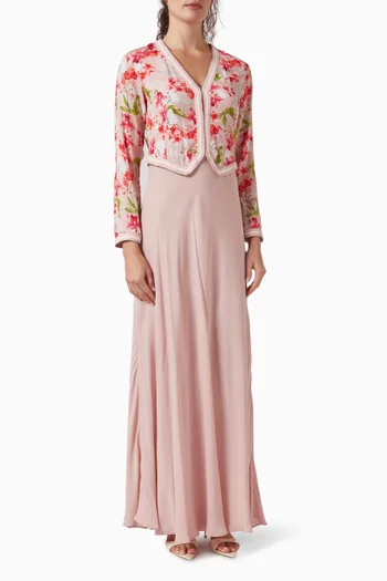 فستان طويل بصدرية مزينة بنقشة زهور