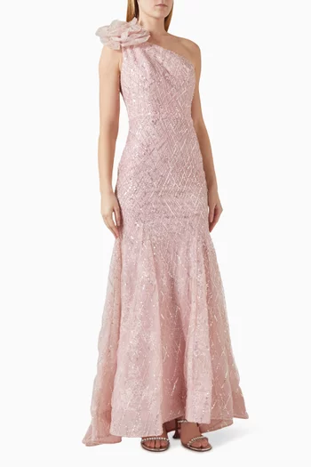 فستان سهرة بكتف مكشوف وحافة واسعة