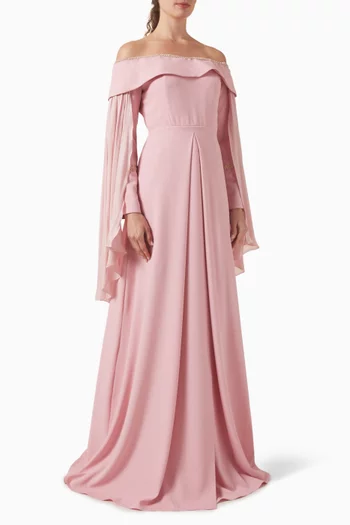 Off-shoulder Gown in Crepe & Chiffon