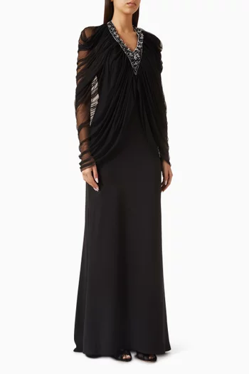Embellished Drape Dress in Crepe & Mesh