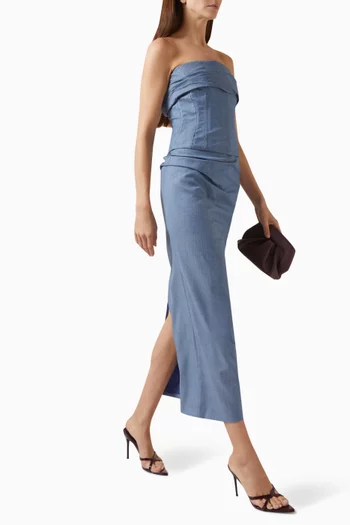 Tailored Denim‑finished Midi Skirt