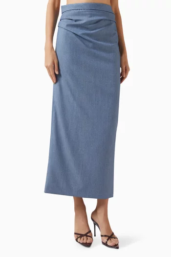 Tailored Denim‑finished Midi Skirt