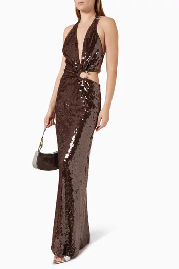 فستان ديفون طويل مزين بتطريزات بالترتر