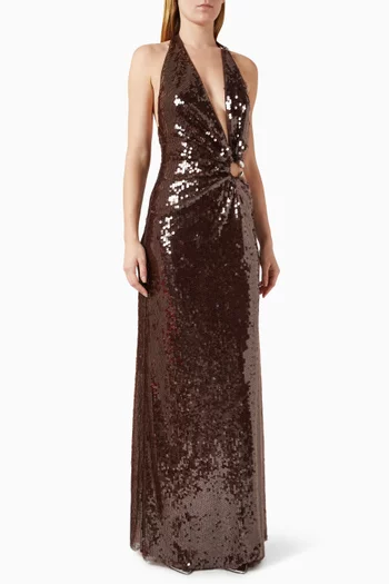 فستان ديفون طويل مزين بتطريزات بالترتر