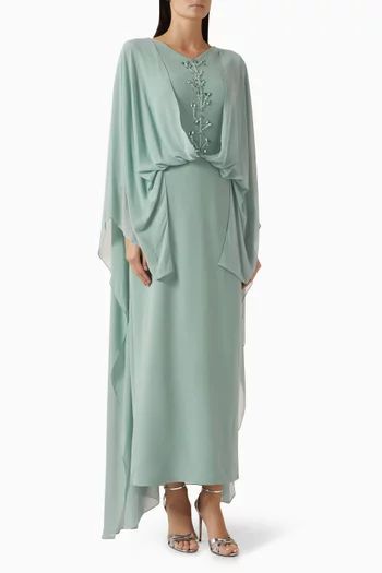 Embroidered Cape-style Maxi Dress in Chiffon
