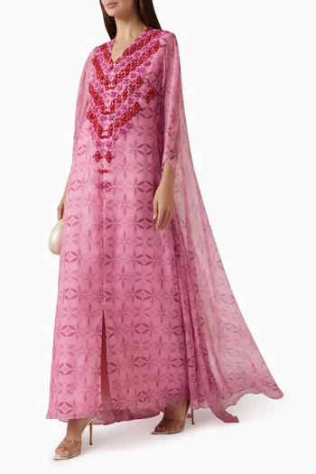 Embellished Cape-sleeve Dress in Chiffon