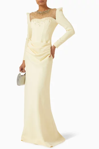 فستان سهرة مزين بتطريزات بالخرز مخمل ستان