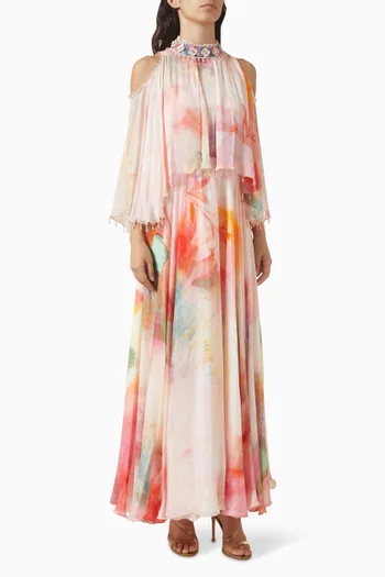 Embellished Cape Dress in Chiffon