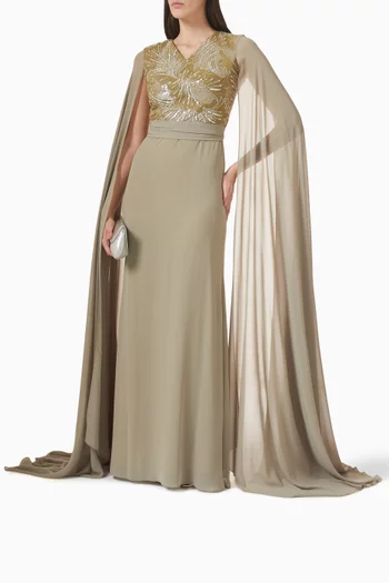 Embellished Bodice Cape-style Maxi Dress